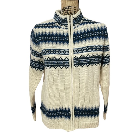 Lands End Wool Nordic Zippered Cardigan Sweater Jacket Fair Isle Blue Ivory Sz S - Picture 1 of 10